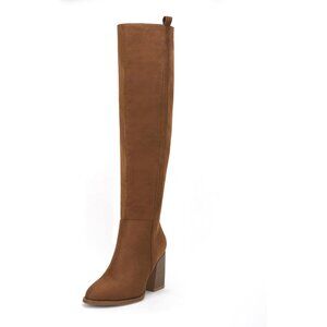 Womens Brown Faux Suede Knee High Side Zipper Chunky Heel Stretch Winter Boots